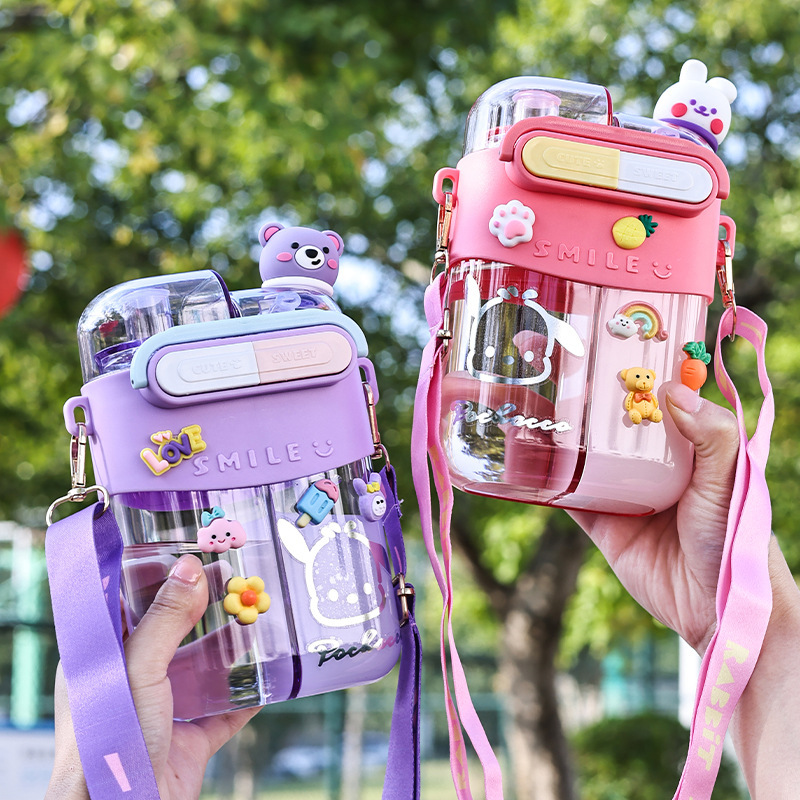 Cartoon children's special straw cup large capacity water cup high temperature resistant double cup diagonal water bottle anti-fall cup